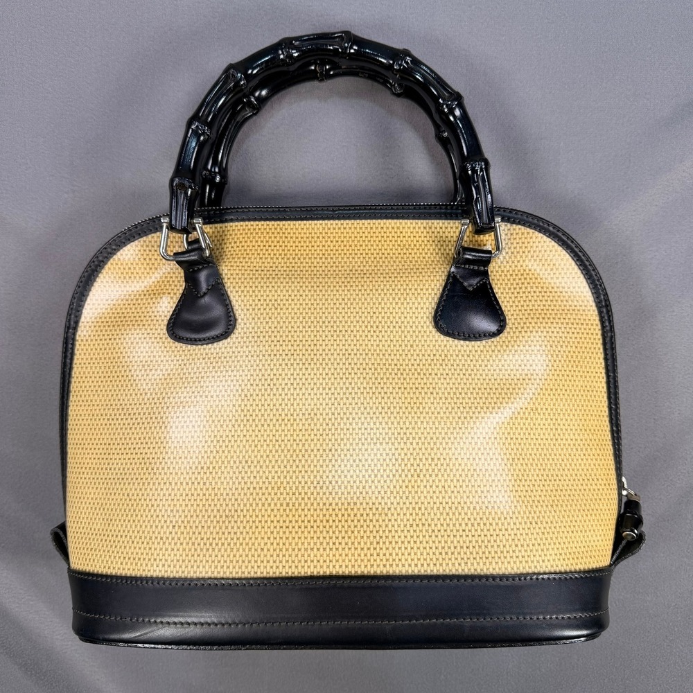 Dooney & Bourke Bamboo Handle Dome Satchel Straw Leather Tan Black Medium Silver - Picture 11 of 13